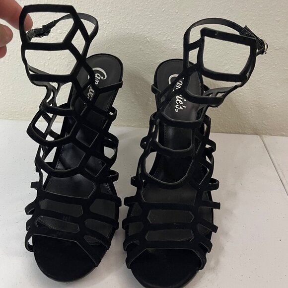 Candies Black Strappy Cage Design High Heel Sandals Size 10 - Picture 3 of 7